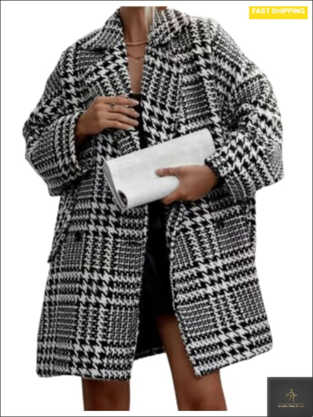Women Winter Houndstooth Wool Blend Peacoat Double Breasted Notch Lapel Mid Long